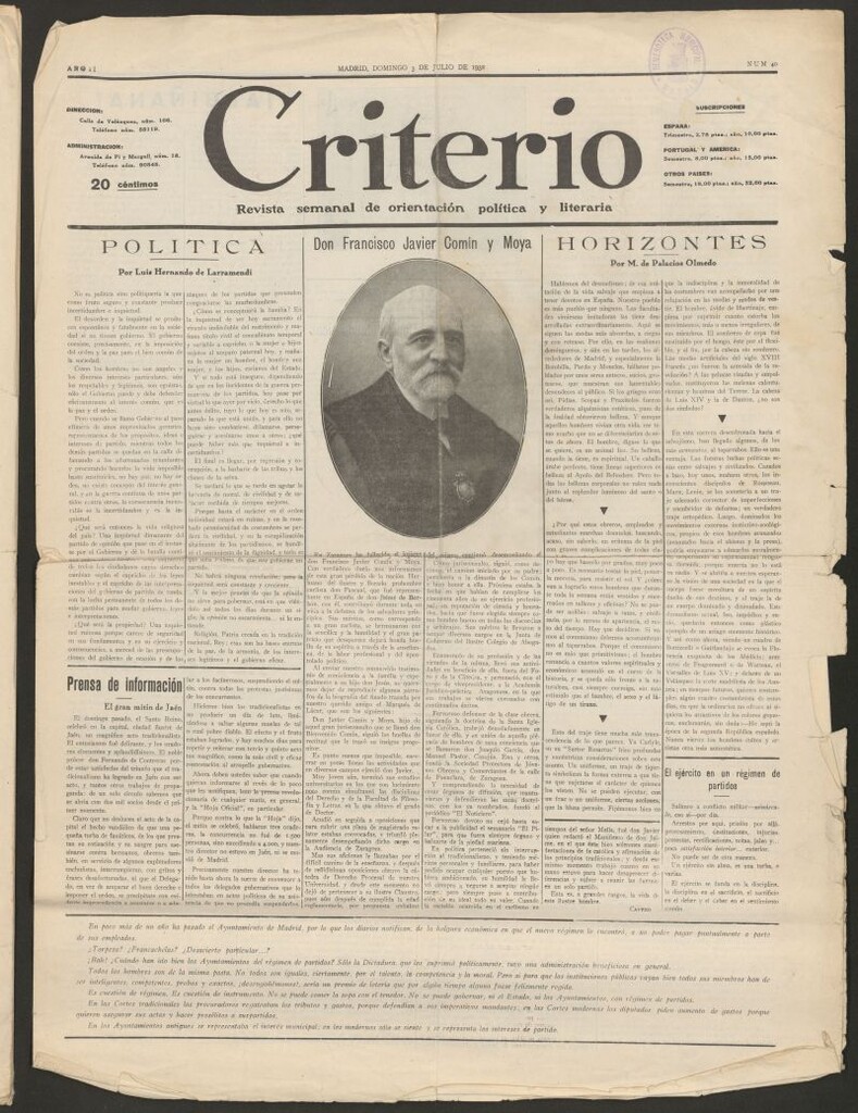 Miniatura de Criterio : revista semanal de orientación política y literaria del 3 de julio de 1932