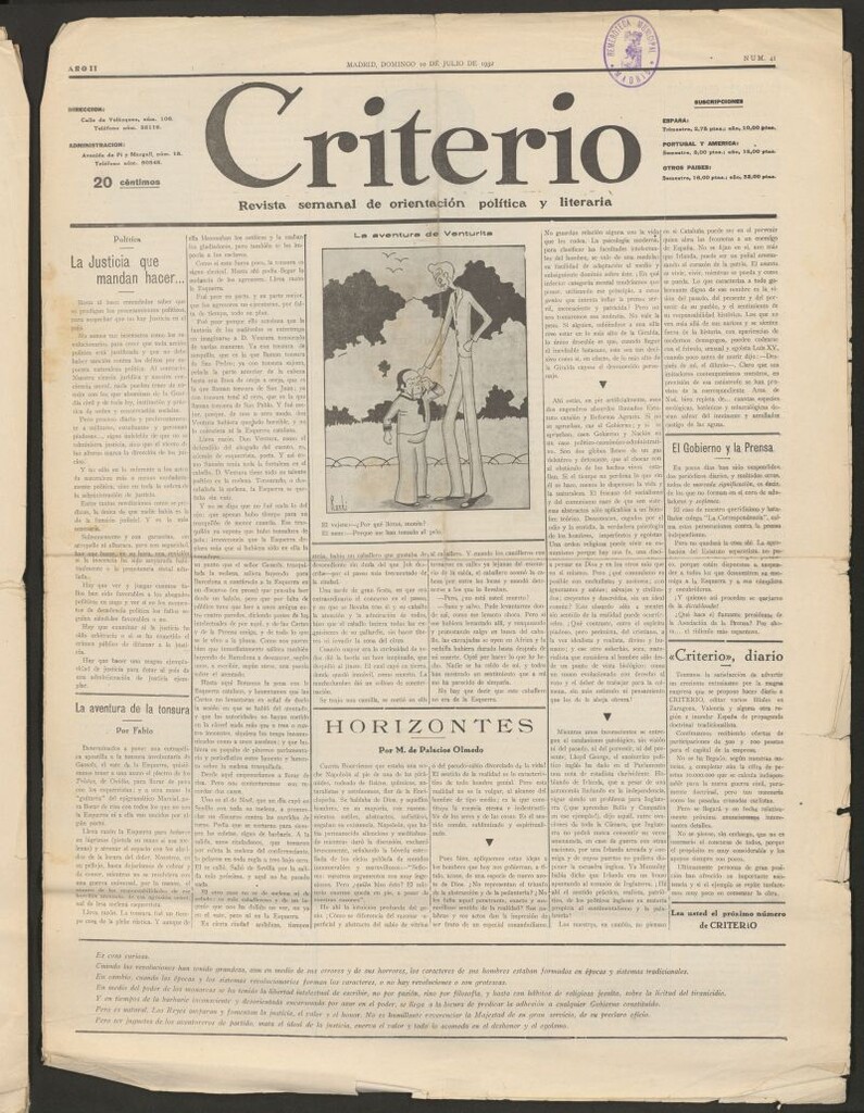 Miniatura de Criterio : revista semanal de orientación política y literaria del 19 de julio de 1932
