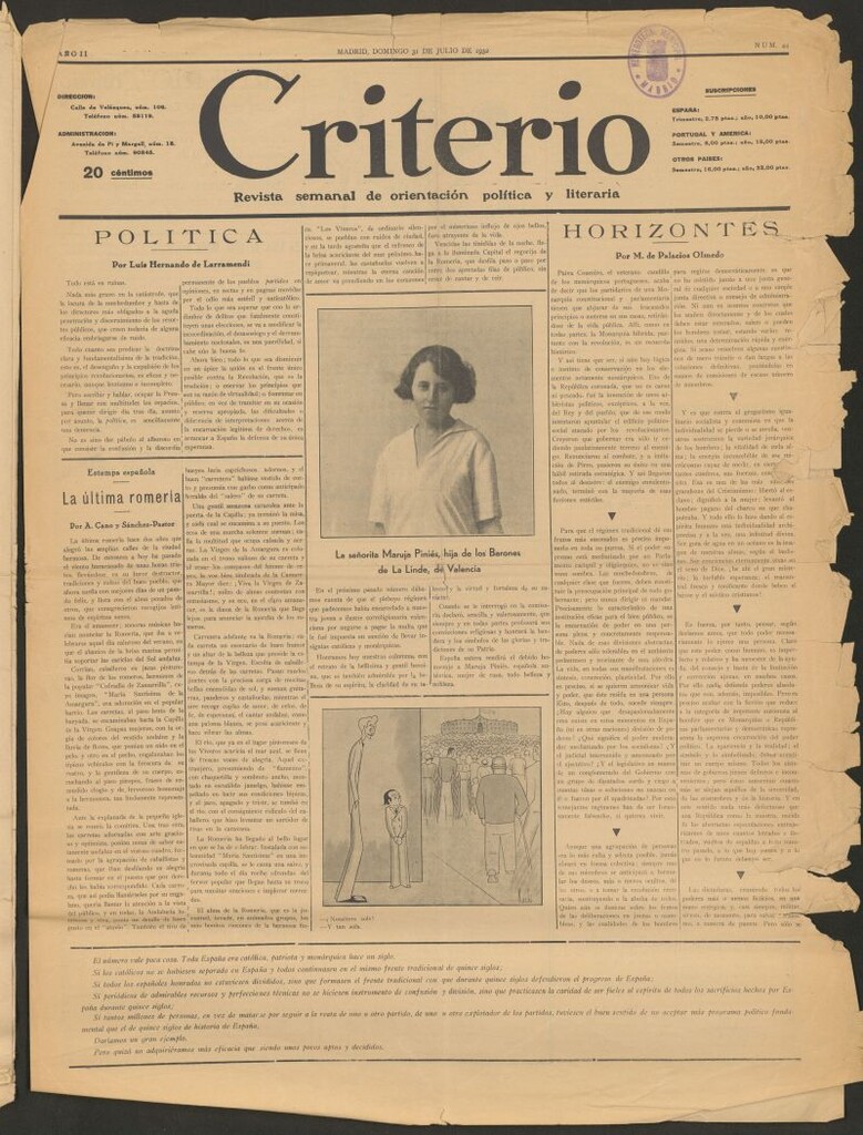 Miniatura de Criterio : revista semanal de orientación política y literaria del 31 de julio de 1932