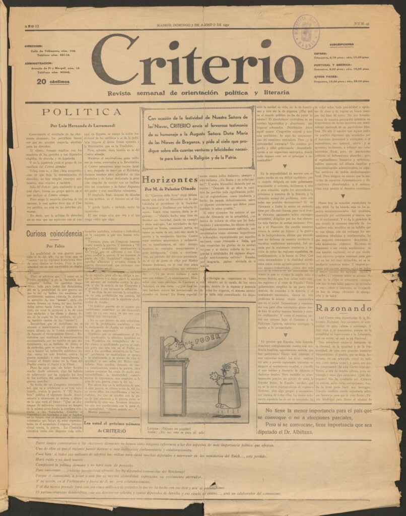 Miniatura de Criterio : revista semanal de orientación política y literaria del 7 de agosto de 1932