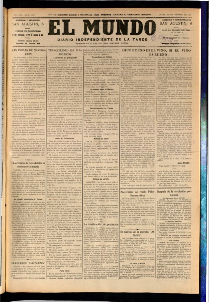 Miniatura de El Mundo del 14 de febrero de 1927
