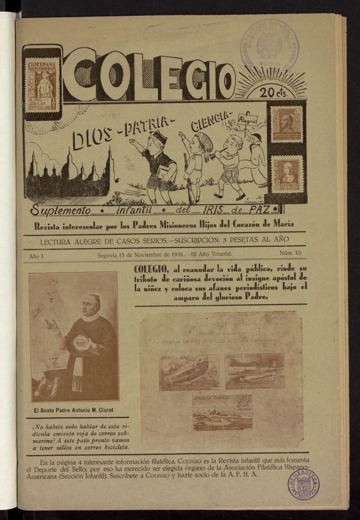 Miniatura de Colegio : revista interescolar por los Padres Misioneros Hijos del Corazón de María. Lectura alegre para casos serios del 15 de noviembre de 1938