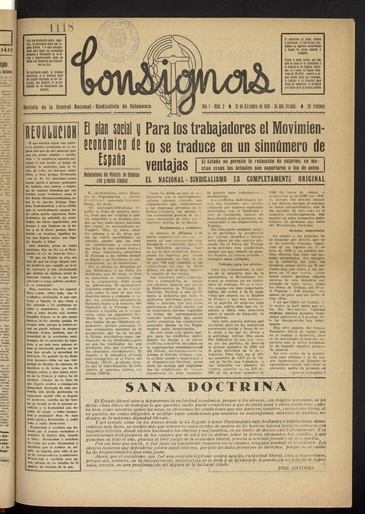 Miniatura de Consignas : revista de la Central Nacional-Sindicalista de Salamanca del 31 de diciembre de1938
