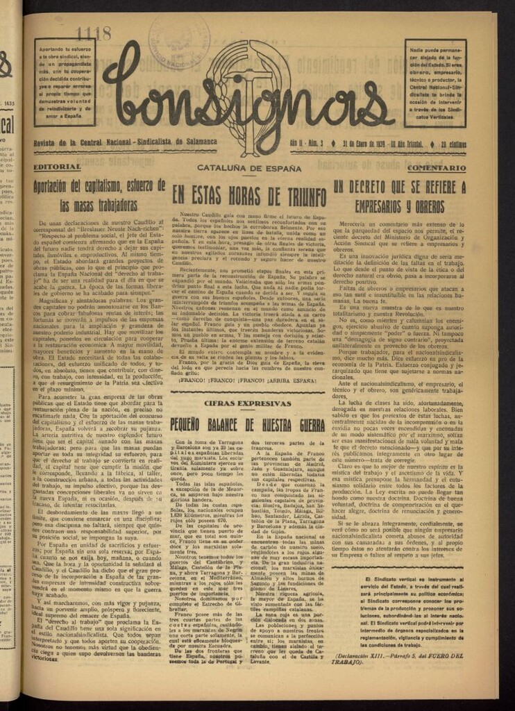 Miniatura de Consignas : revista de la Central Nacional-Sindicalista de Salamanca del 31 de enero de 1939