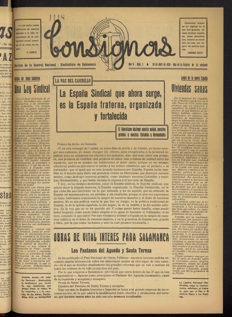 Miniatura de Consignas : revista de la Central Nacional-Sindicalista de Salamanca del 30 de abril de 1939