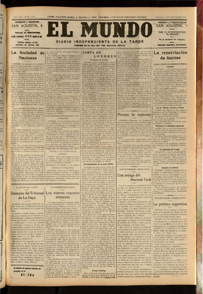 Miniatura de El Mundo del 9 de septiembre de 1927