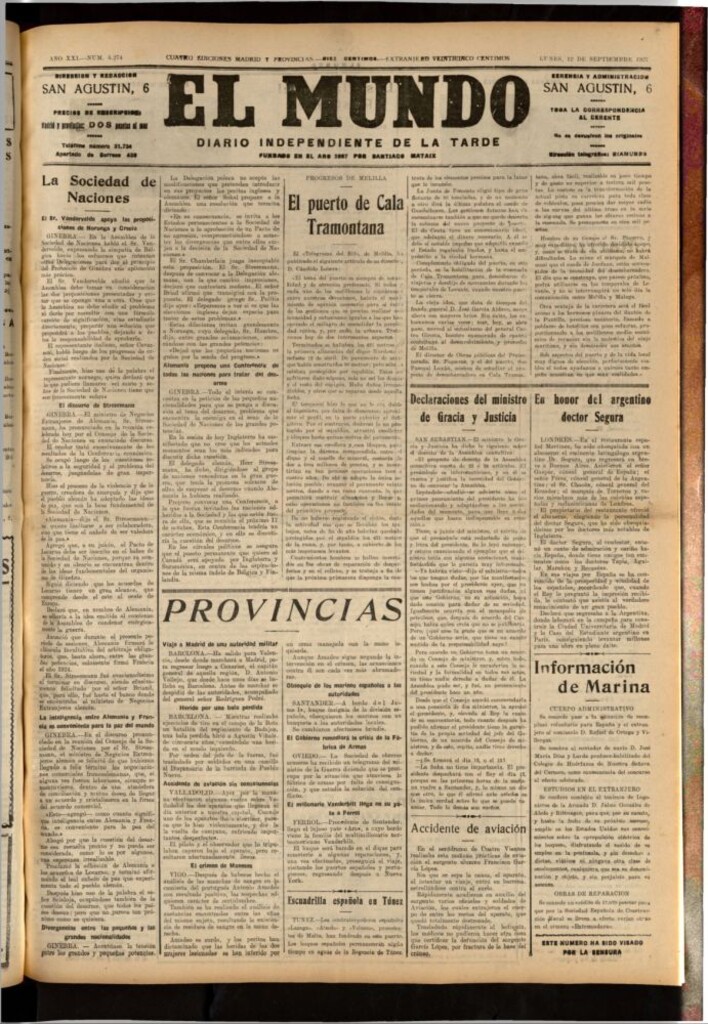 Miniatura de El Mundo del 12 de septiembre de 1927