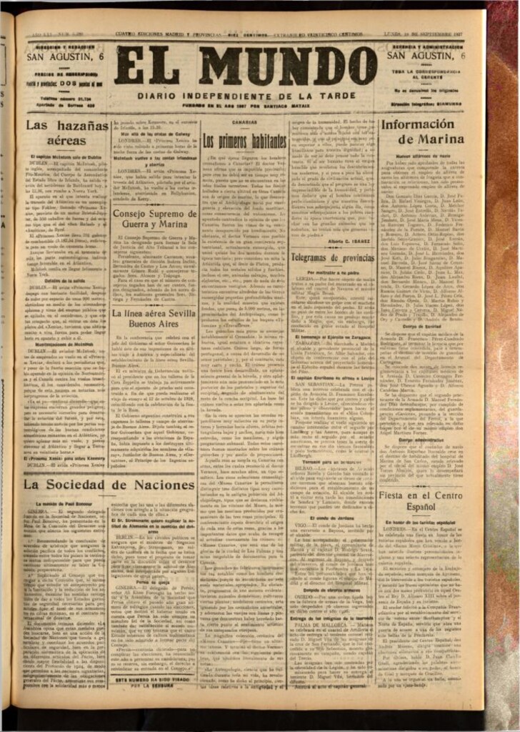 Miniatura de El Mundo del 19 de septiembre de 1927