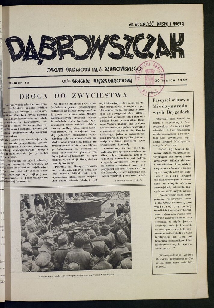 Miniatura de Dabrowszczak : organ bataljonu im. J. Dabrowskiego : 12ª Brygada Miedzynarodowa. 30 marca, 1937