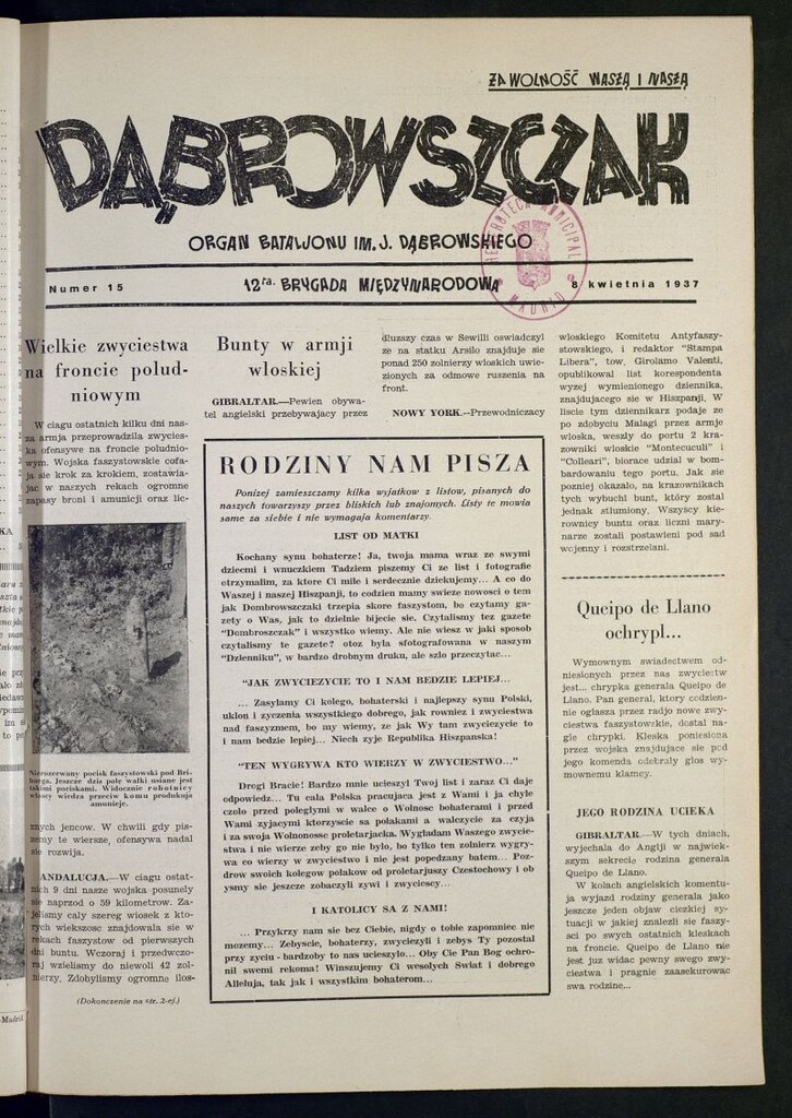 Miniatura de Dabrowszczak : organ bataljonu im. J. Dabrowskiego : 12ª Brygada Miedzynarodowa. 8 kwietnia, 1937