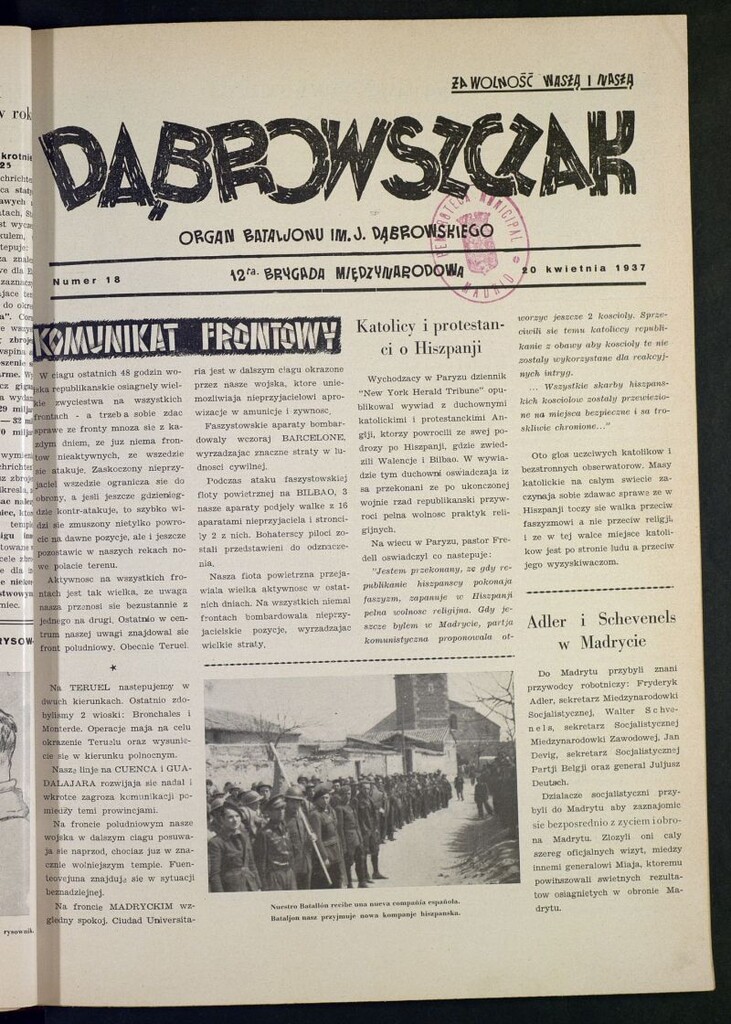 Miniatura de Dabrowszczak : organ bataljonu im. J. Dabrowskiego : 12ª Brygada Miedzynarodowa. 20 kwietnia, 1937