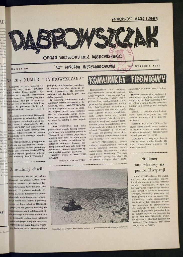 Miniatura de Dabrowszczak : organ bataljonu im. J. Dabrowskiego : 12ª Brygada Miedzynarodowa. 27 kwietnia, 1937