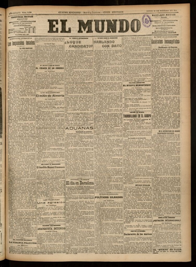 Miniatura de El Mundo del 16 de febrero de 1914 (edición de provincias)