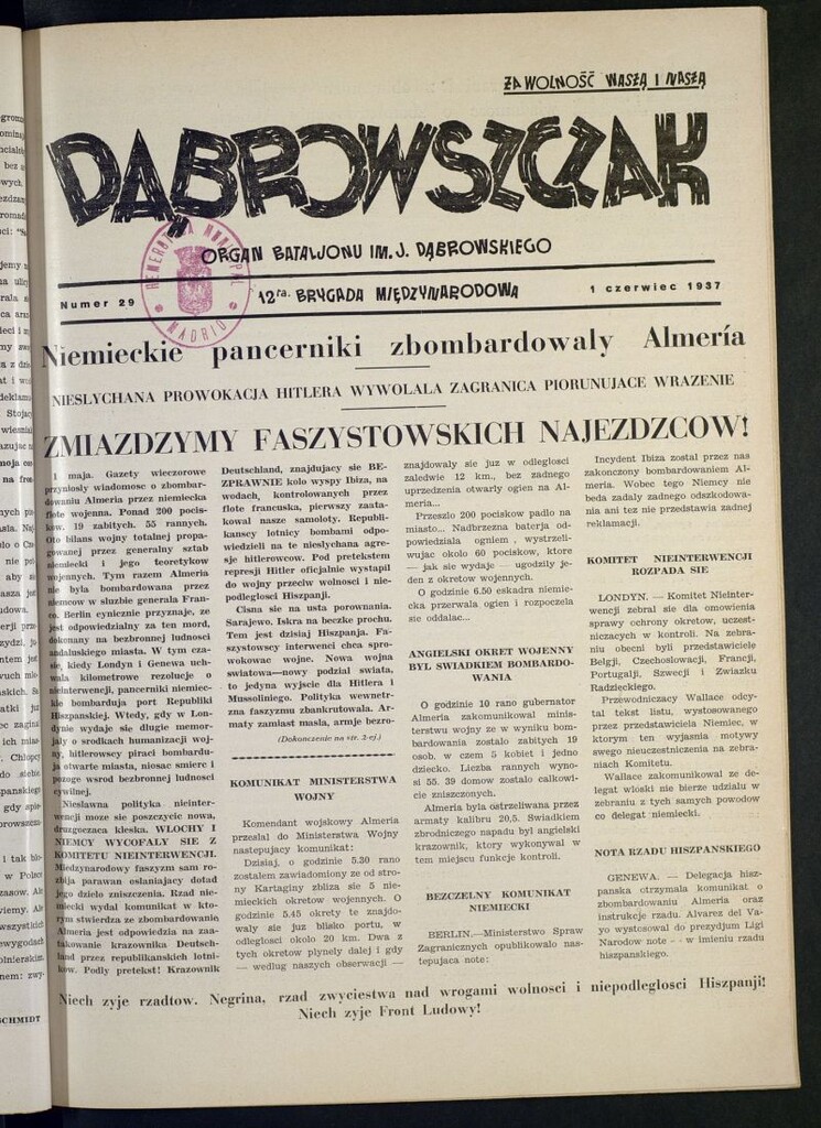 Miniatura de Dabrowszczak : organ bataljonu im. J. Dabrowskiego : 12ª Brygada Miedzynarodowa. 1 czerwiec, 1937