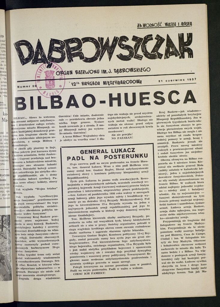 Miniatura de Dabrowszczak : organ bataljonu im. J. Dabrowskiego : 12ª Brygada Miedzynarodowa. 21 czerwiec, 1937