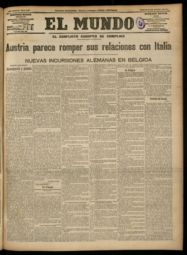 Miniatura de El Mundo del 13 de agosto de 1914