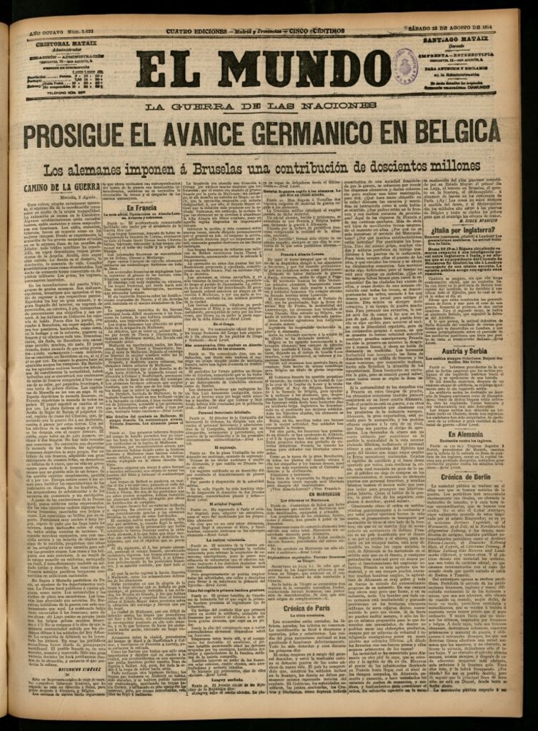 Miniatura de El Mundo del 22 de agosto de 1914