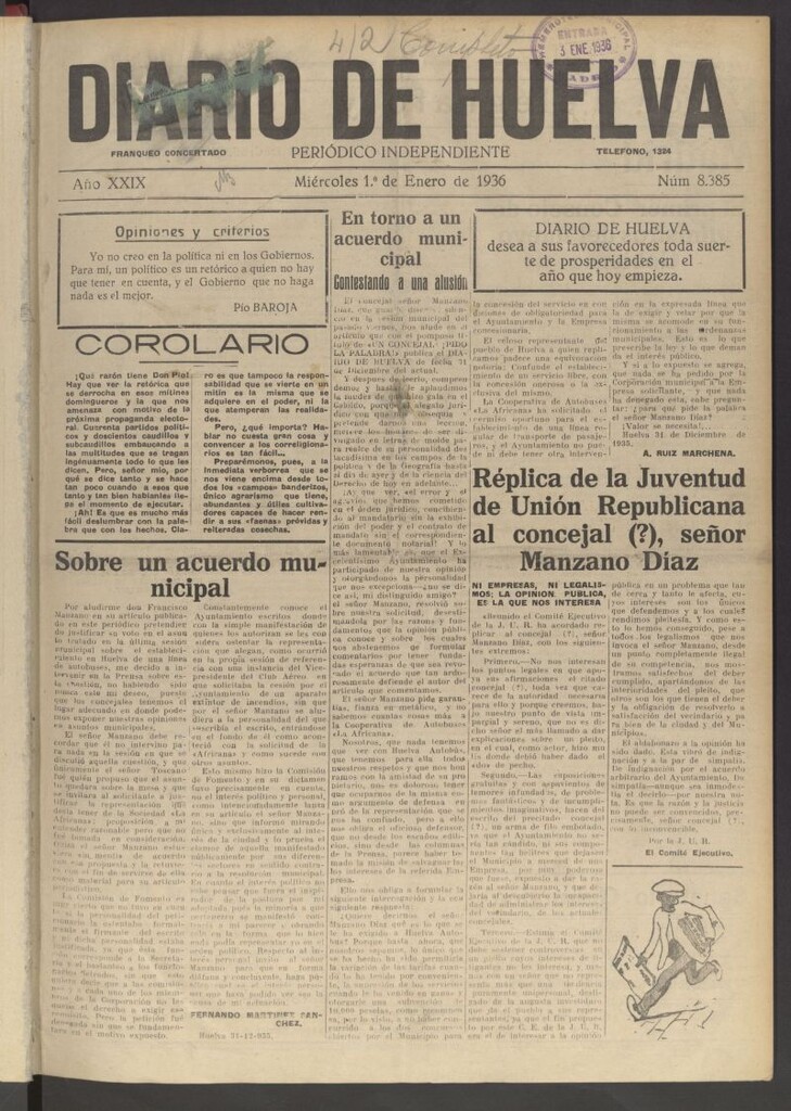 Miniatura de Diario de Huelva : periódico independiente del 1 de enero de 1936