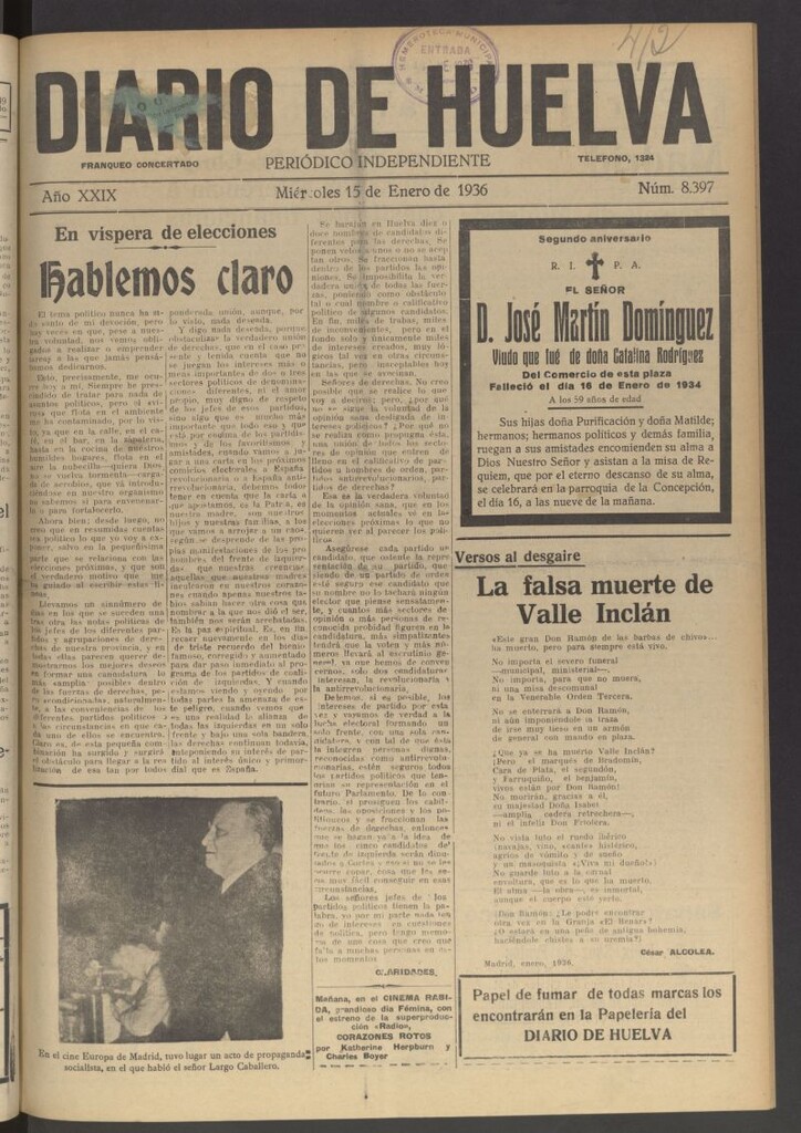 Miniatura de Diario de Huelva : periódico independiente del 15 de enero de 1936