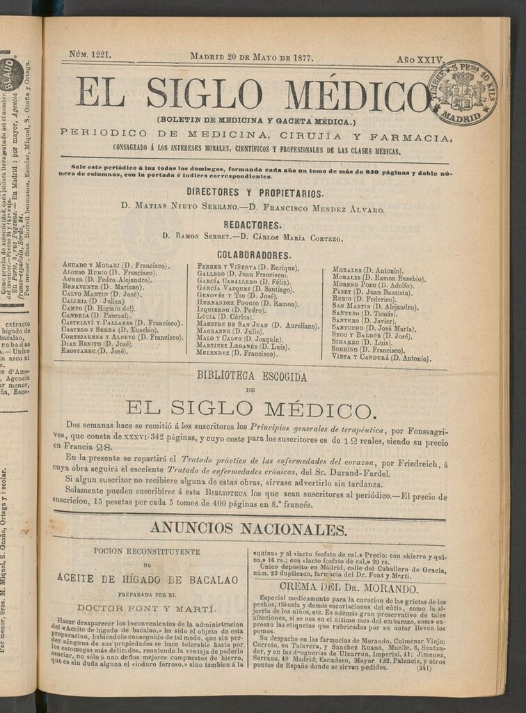 Miniatura de El Siglo Médico: boletín de medicina y gaceta médica del 20 de mayo de 1877