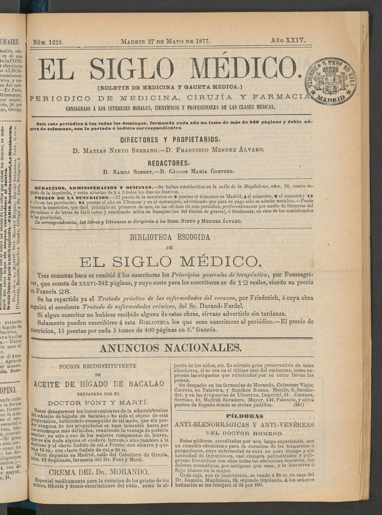 Miniatura de El Siglo Médico: boletín de medicina y gaceta médica del 27 de mayo de 1877