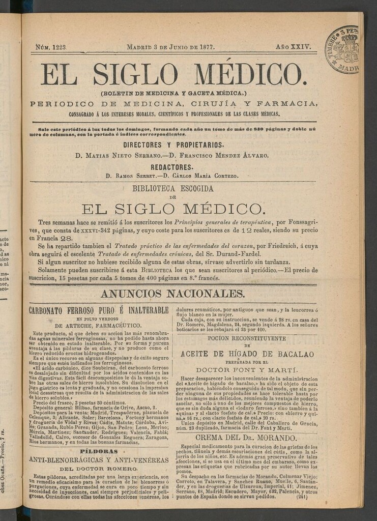 Miniatura de El Siglo Médico: boletín de medicina y gaceta médica del 3 de junio de 1877