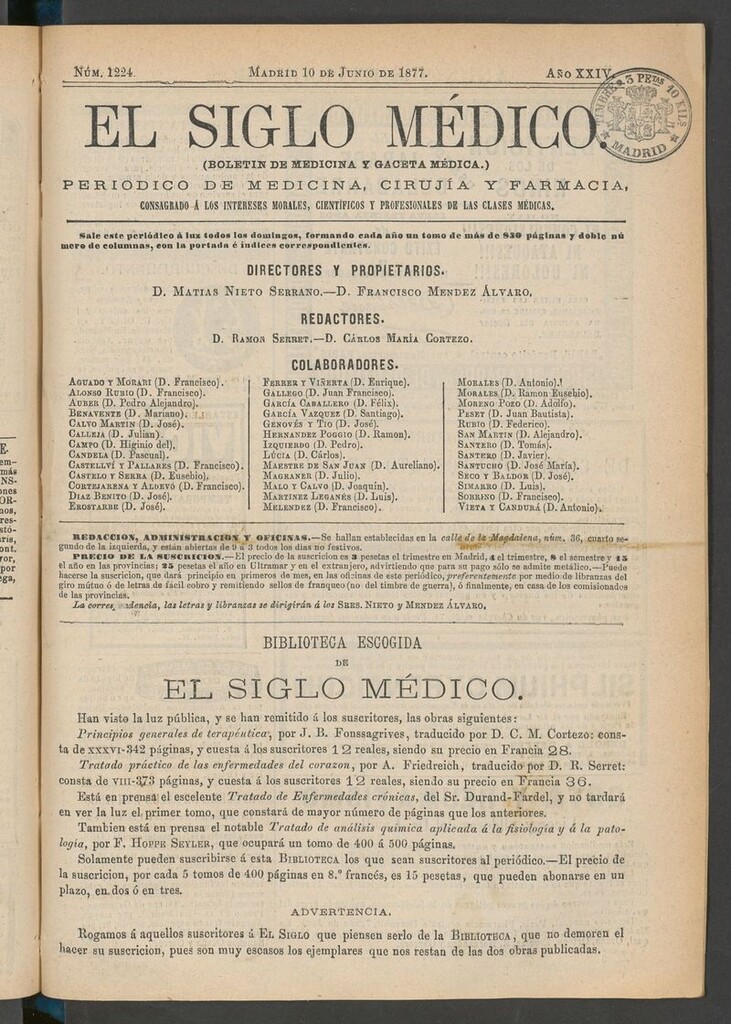 Miniatura de El Siglo Médico: boletín de medicina y gaceta médica del 10 de junio de 1877