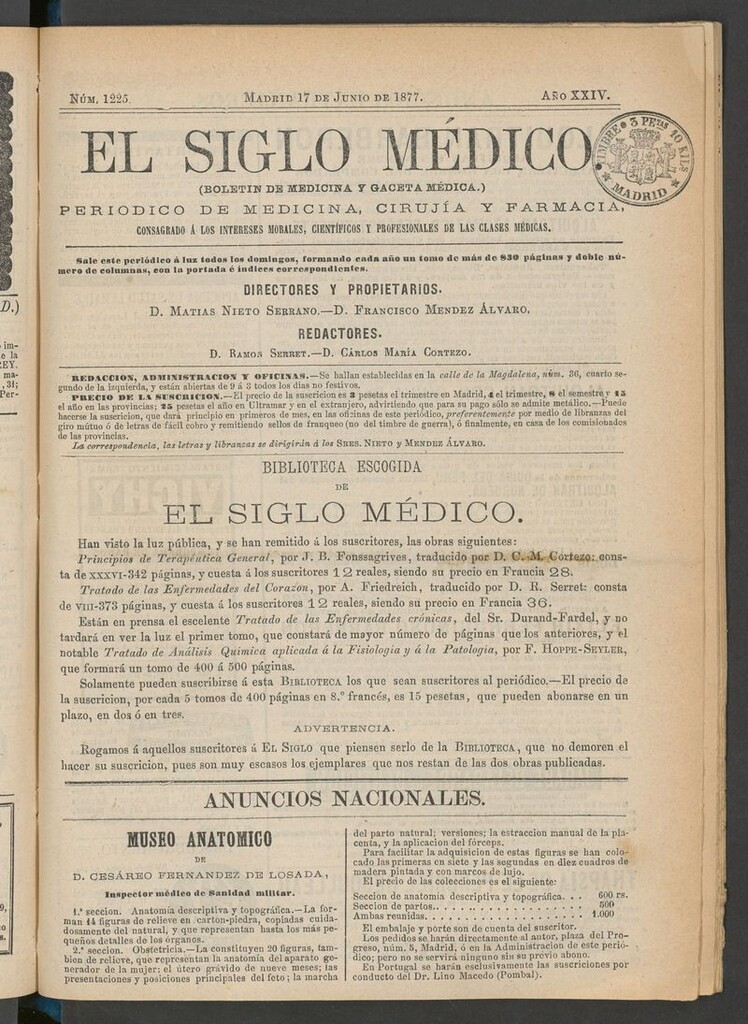 Miniatura de El Siglo Médico: boletín de medicina y gaceta médica del 17 de junio de 1877