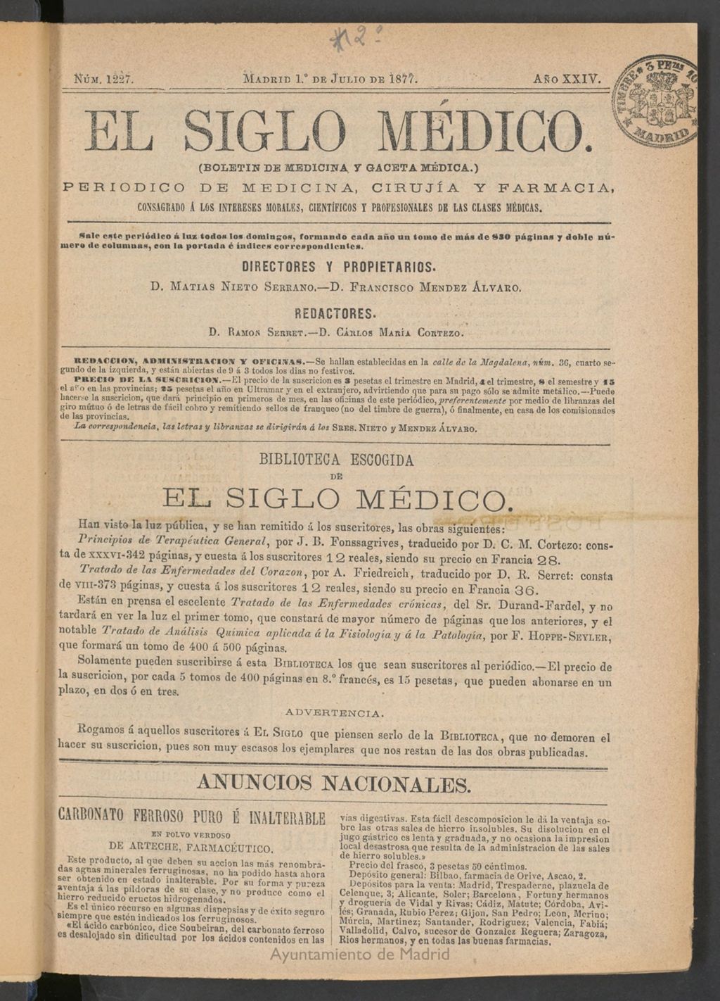 Miniatura de El Siglo Médico: boletín de medicina y gaceta médica del 1 de julio de 1877