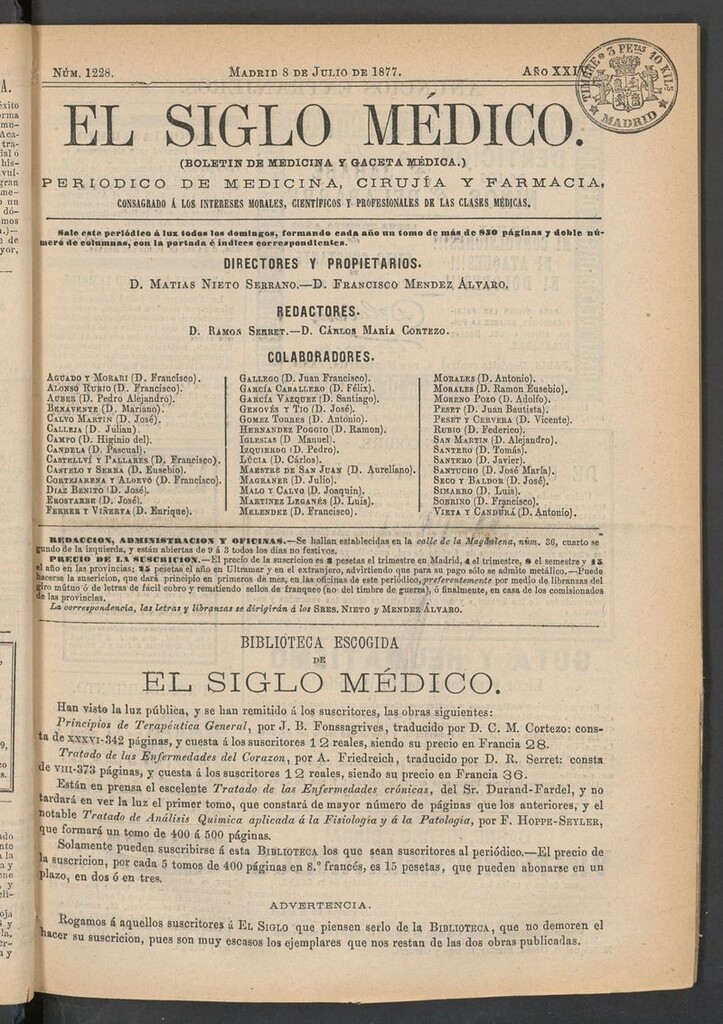 Miniatura de El Siglo Médico: boletín de medicina y gaceta médica del 8 de julio de 1877