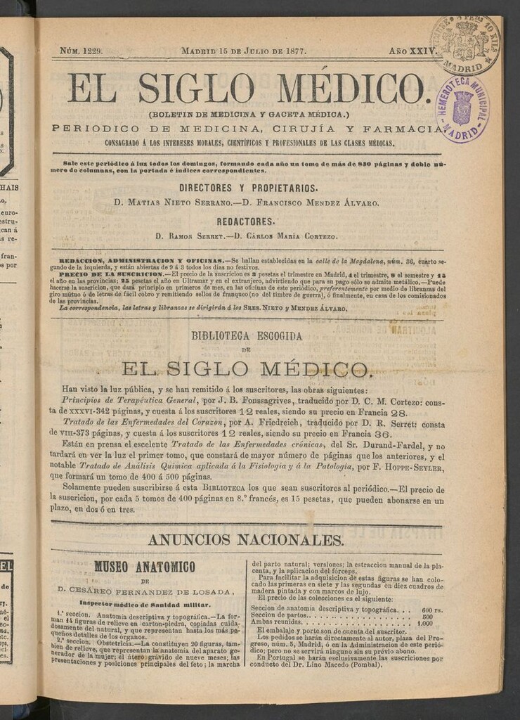 Miniatura de El Siglo Médico: boletín de medicina y gaceta médica del 15 de julio de 1877
