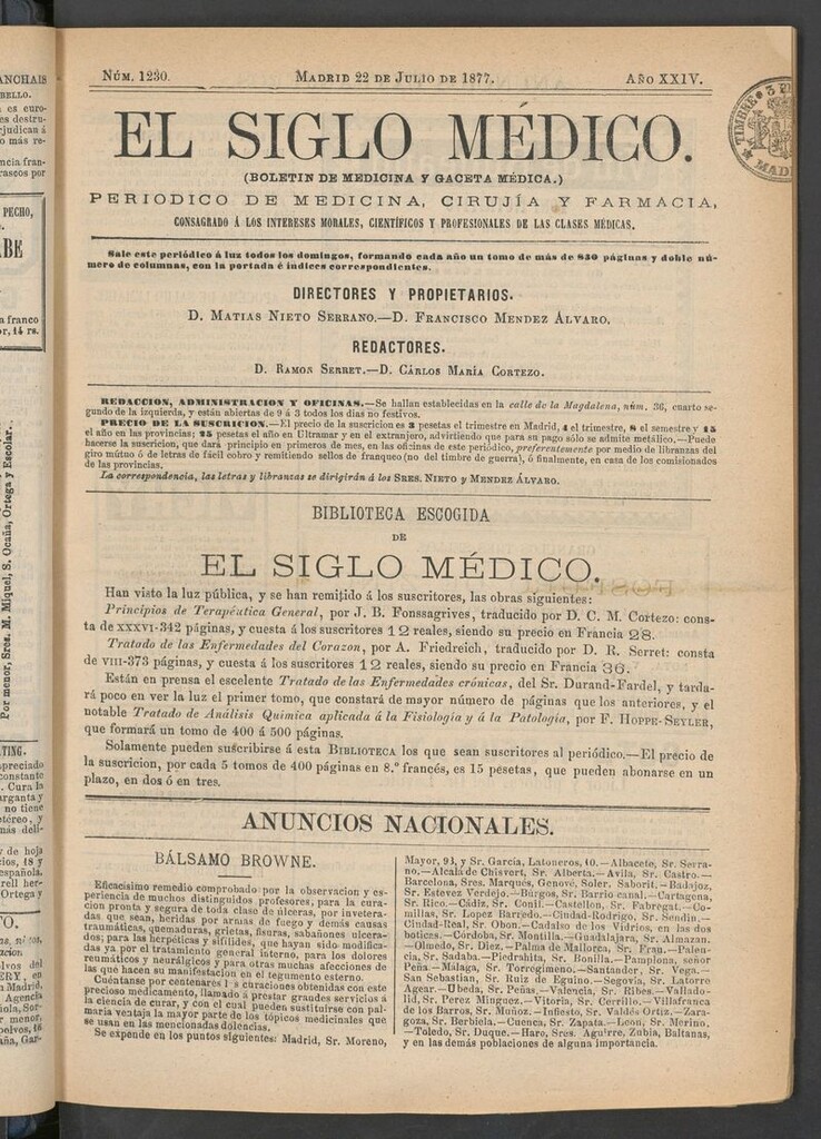 Miniatura de El Siglo Médico: boletín de medicina y gaceta médica del 22 de julio de 1877