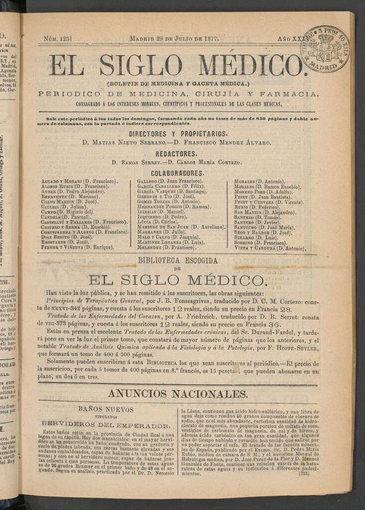Miniatura de El Siglo Médico: boletín de medicina y gaceta médica del 29 de julio de 1877
