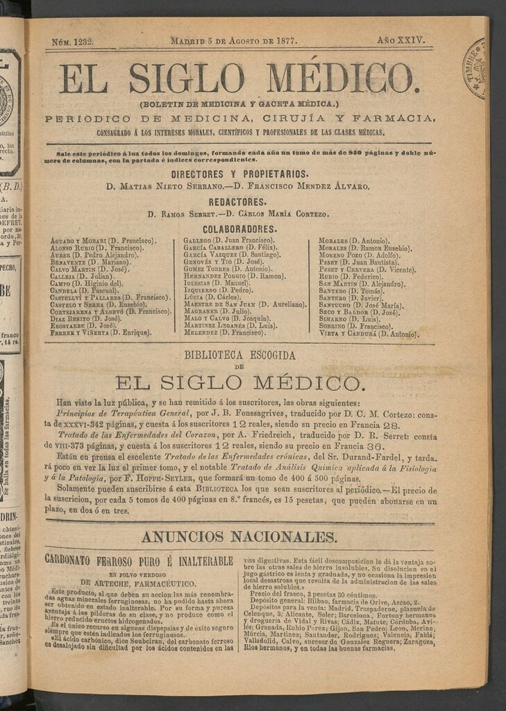 Miniatura de El Siglo Médico: boletín de medicina y gaceta médica del 5 de agosto de 1877