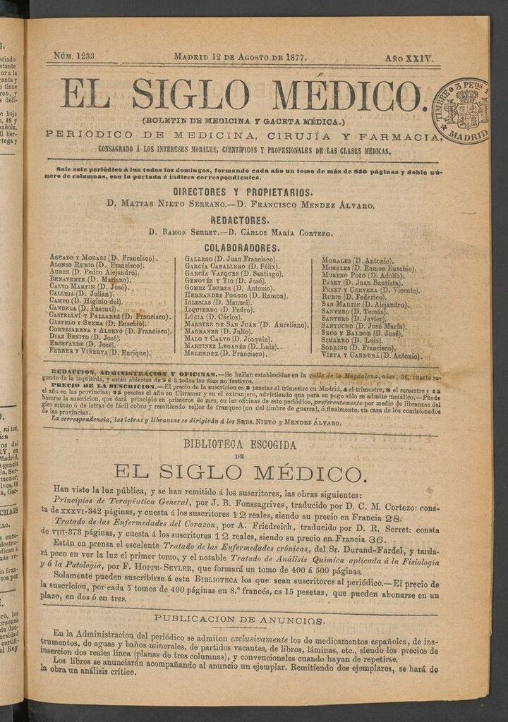 Miniatura de El Siglo Médico: boletín de medicina y gaceta médica del 12 de agosto de 1877
