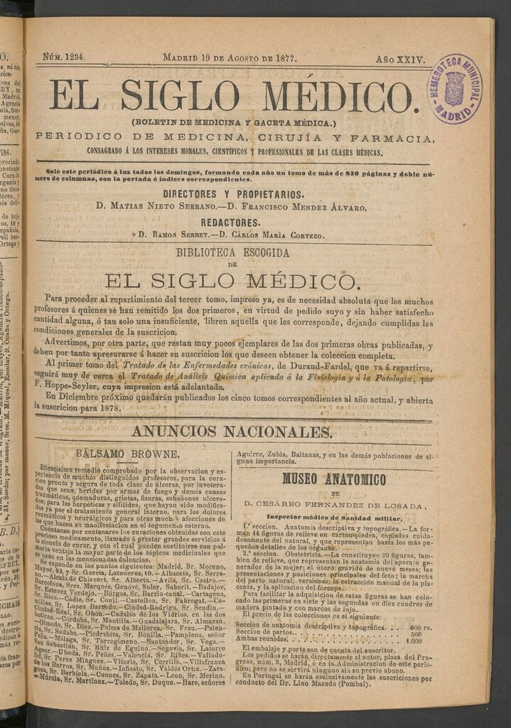 Miniatura de El Siglo Médico: boletín de medicina y gaceta médica del 19 de agosto de 1877