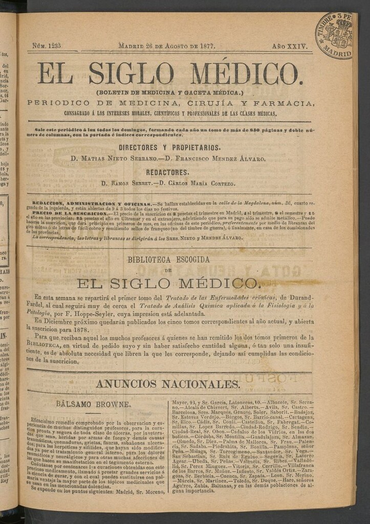 Miniatura de El Siglo Médico: boletín de medicina y gaceta médica del 26 de agosto de 1877
