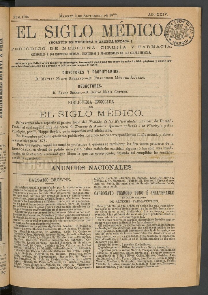 Miniatura de El Siglo Médico: boletín de medicina y gaceta médica del 2 de septiembre de 1877