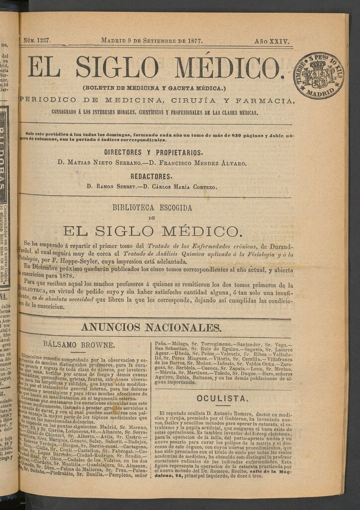 Miniatura de El Siglo Médico: boletín de medicina y gaceta médica del 9 de septiembre de 1877