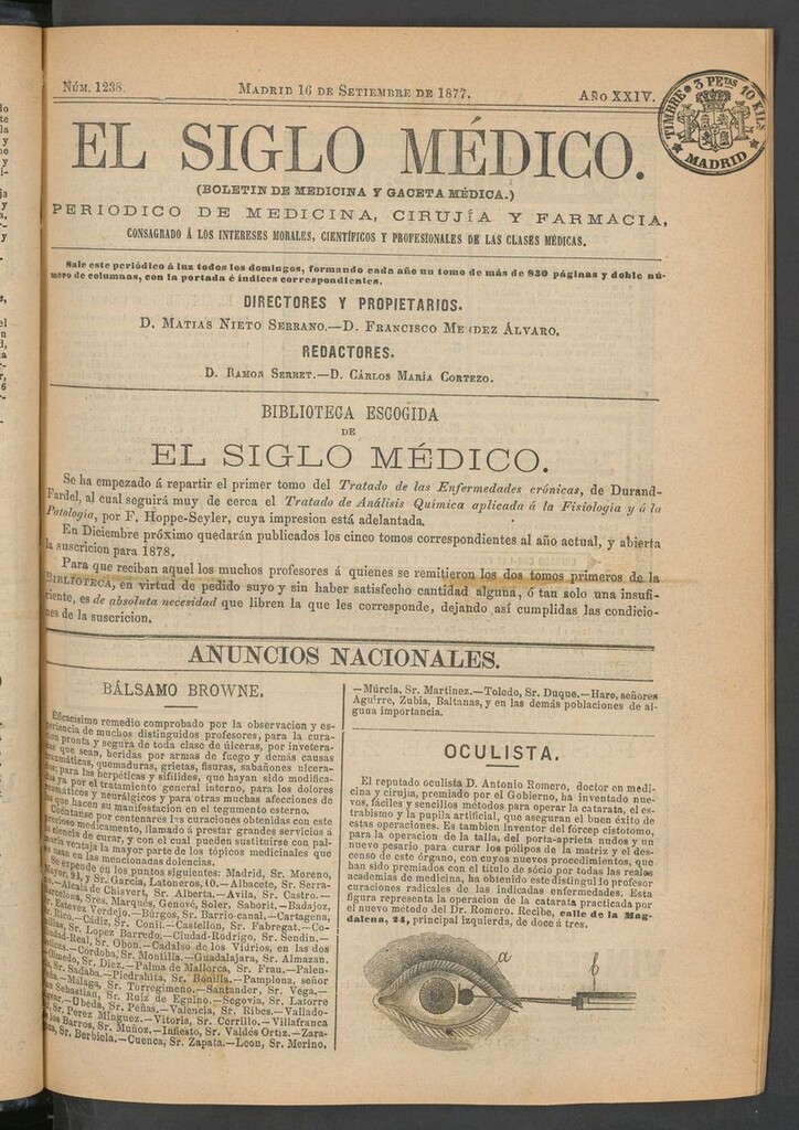 Miniatura de El Siglo Médico: boletín de medicina y gaceta médica del 16 de septiembre de 1877