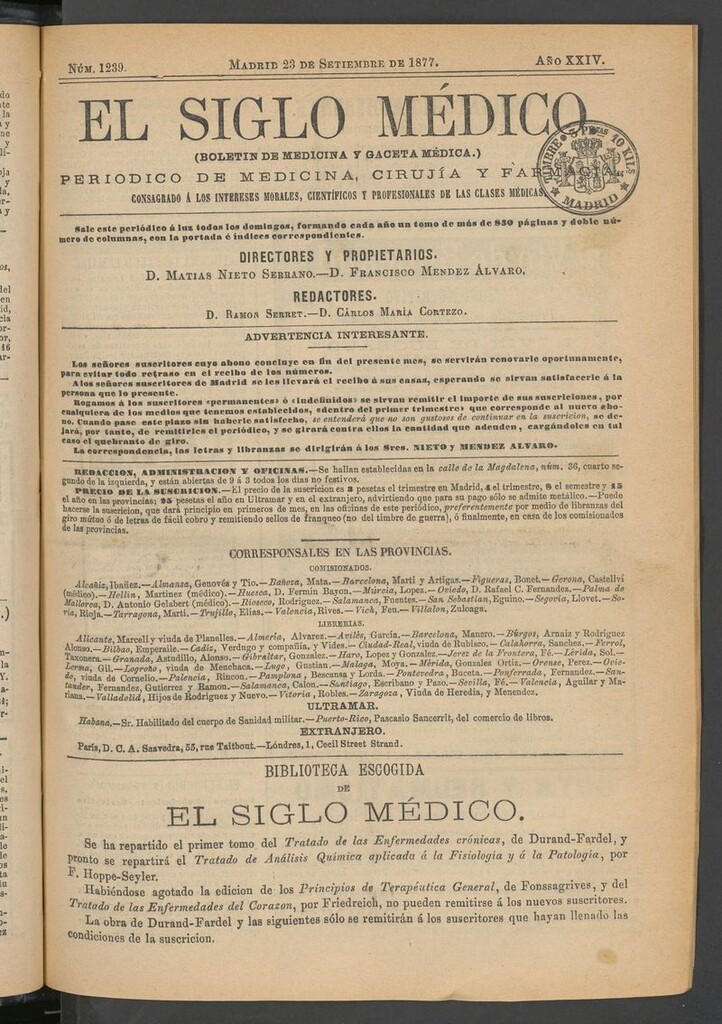 Miniatura de El Siglo Médico: boletín de medicina y gaceta médica del 23 de septiembre de 1877
