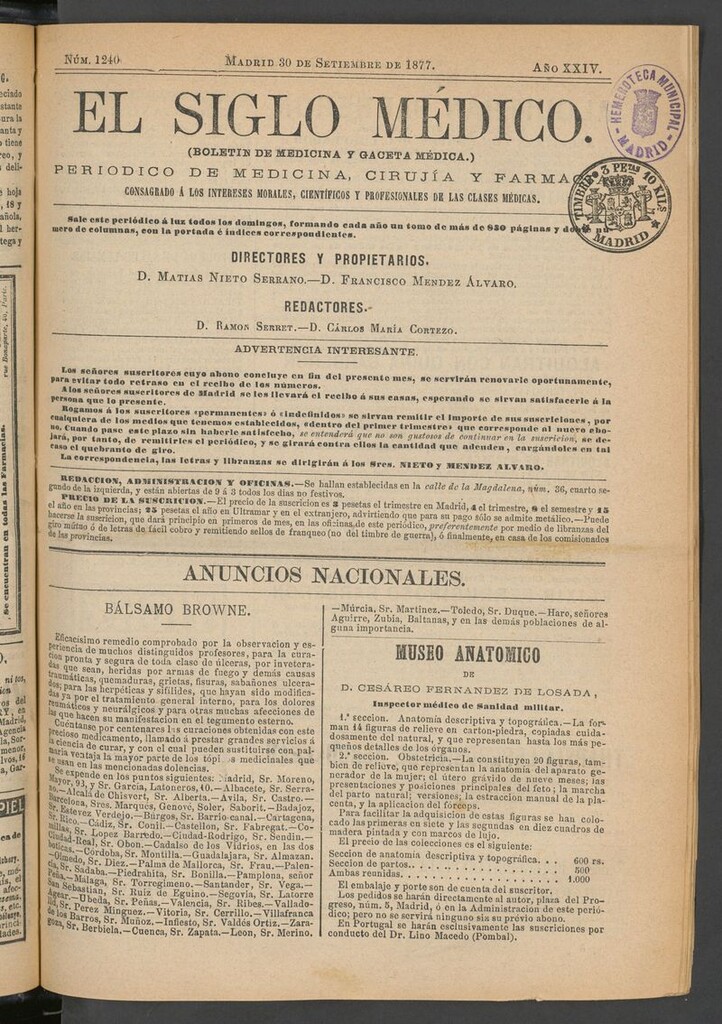 Miniatura de El Siglo Médico: boletín de medicina y gaceta médica del 30 de septiembre de 1877