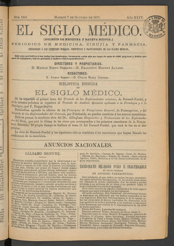 Miniatura de El Siglo Médico: boletín de medicina y gaceta médica del 7 de octubre de 1877