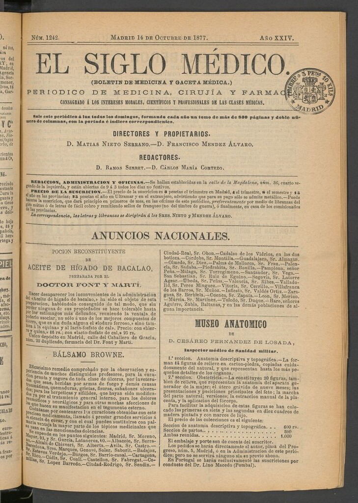 Miniatura de El Siglo Médico: boletín de medicina y gaceta médica del 14 de octubre de 1877