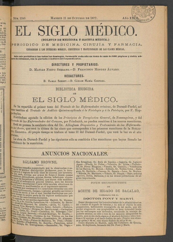 Miniatura de El Siglo Médico: boletín de medicina y gaceta médica del 21 de octubre de 1877