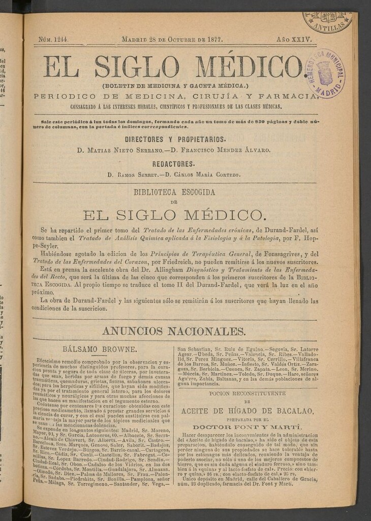 Miniatura de El Siglo Médico: boletín de medicina y gaceta médica del 28 de octubre de 1877