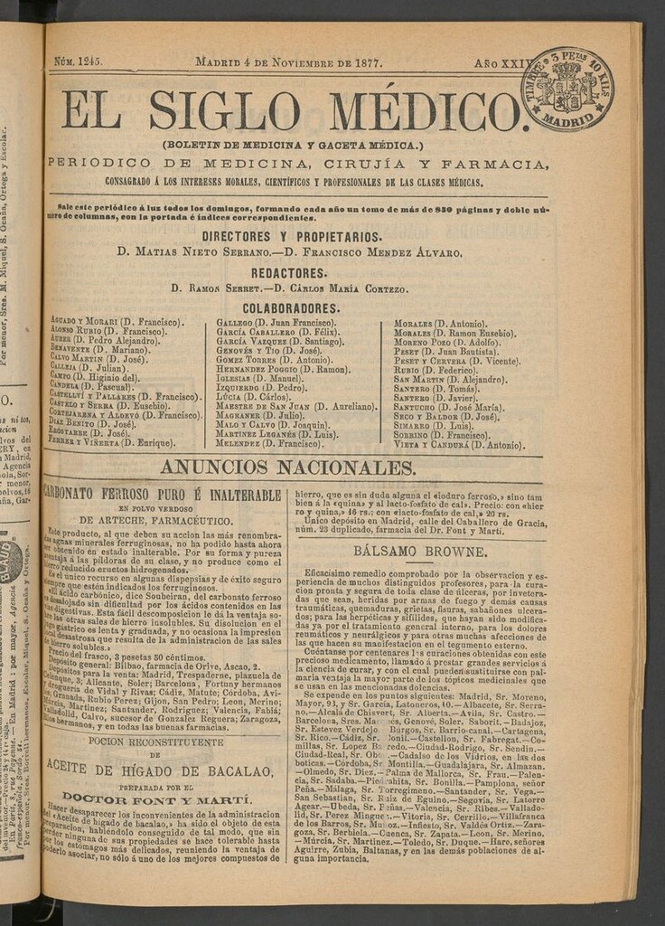 Miniatura de El Siglo Médico: boletín de medicina y gaceta médica del 4 de noviembre de 1877