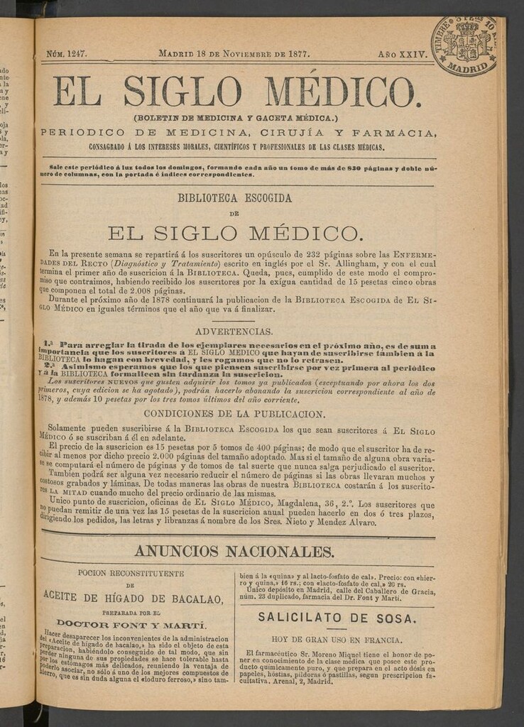 Miniatura de El Siglo Médico: boletín de medicina y gaceta médica del 18 de noviembre de 1877