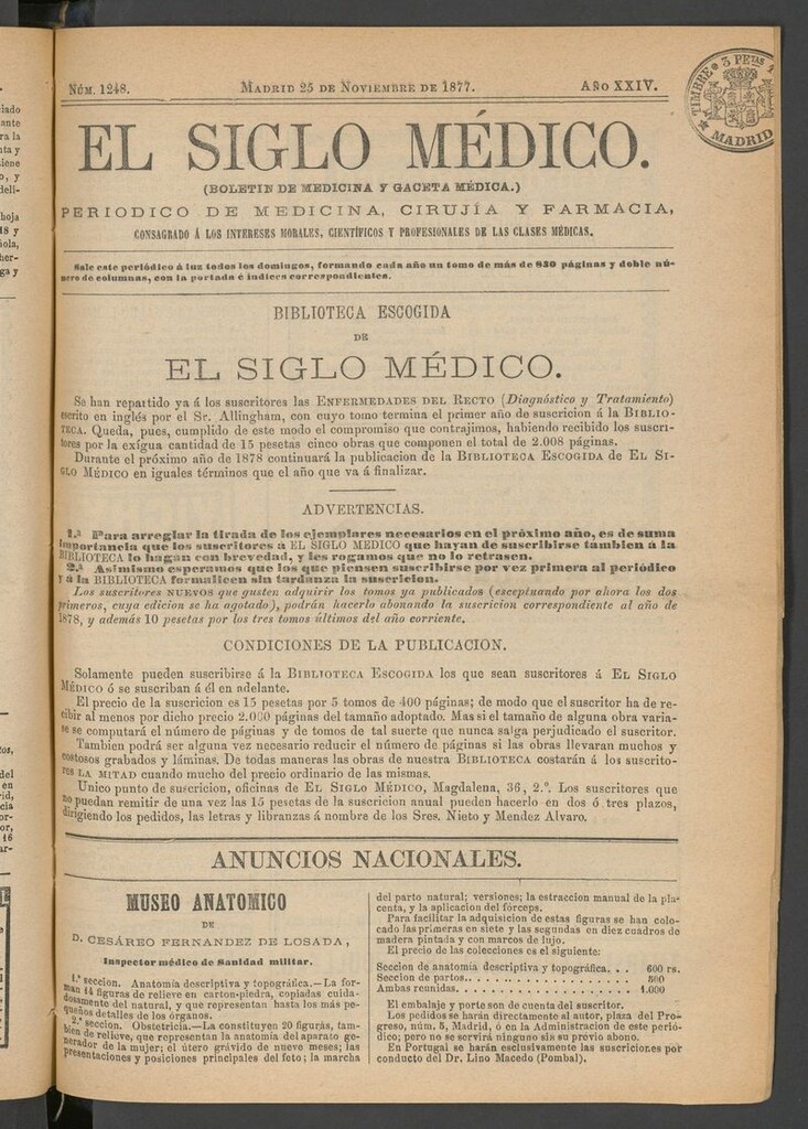 Miniatura de El Siglo Médico: boletín de medicina y gaceta médica del 25 de noviembre de 1877