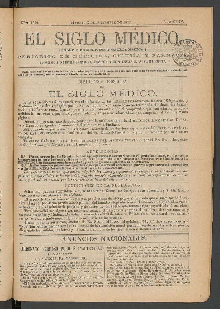 Miniatura de El Siglo Médico: boletín de medicina y gaceta médica del 2 de diciembre de 1877